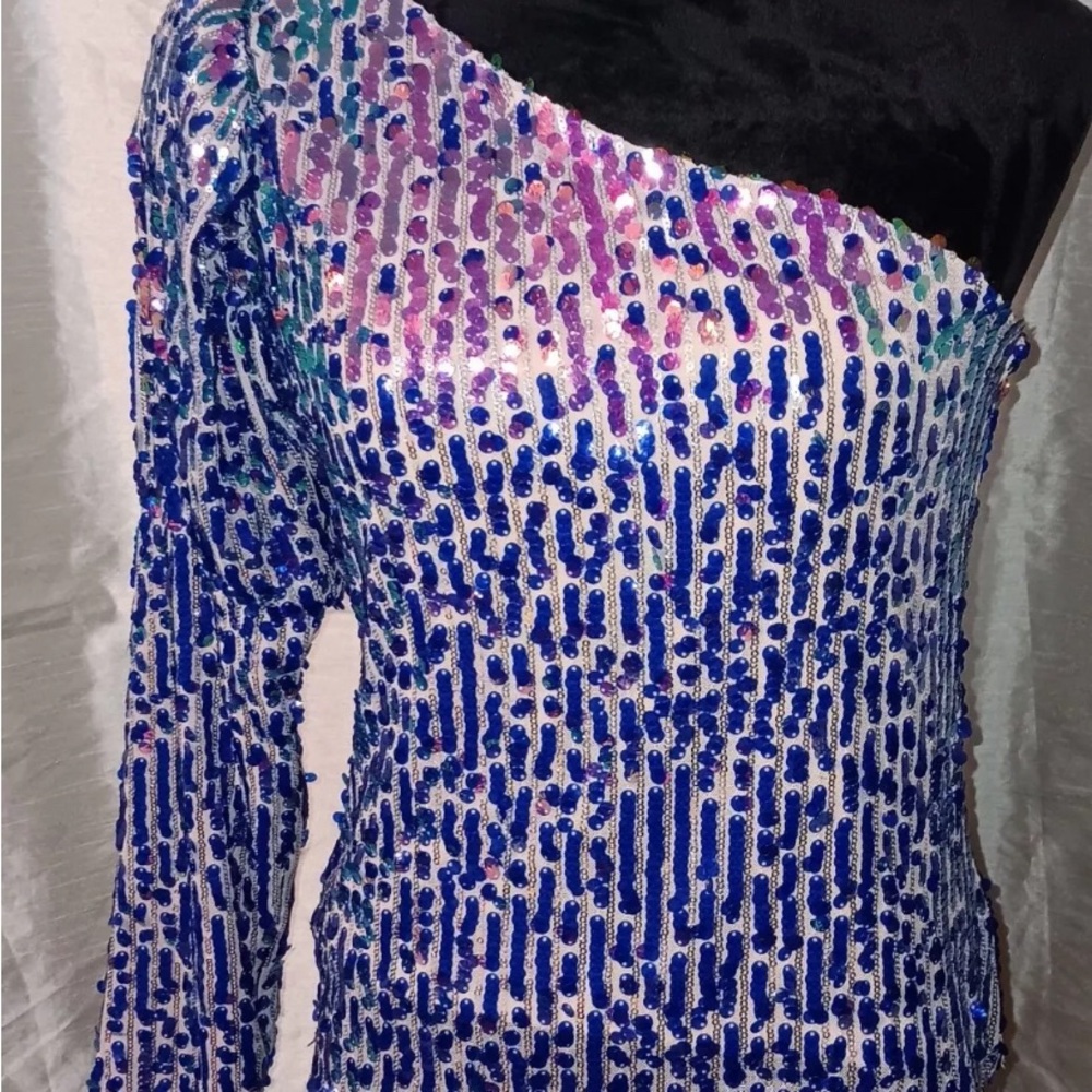 Venus sequined One-Shoulder long sleeve Top - Blue multi color Sz M - Picture 2 of 10